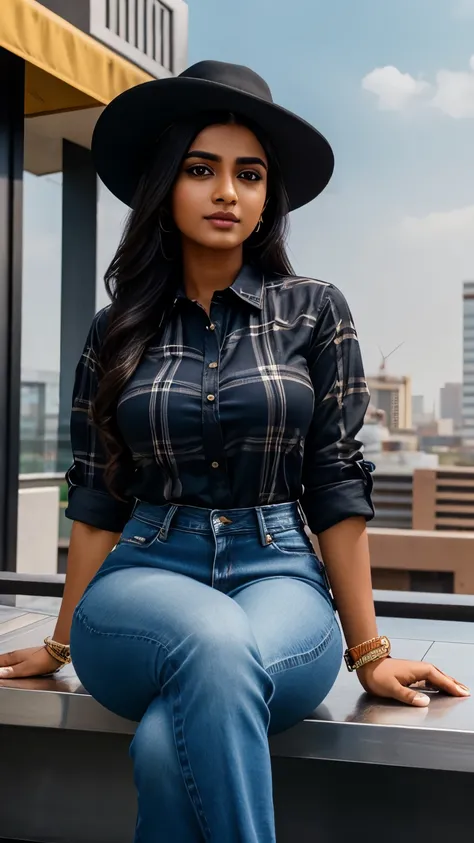 25 year old Tamil girl, checked shirt, black denim, high heels, hat, wrist watch, sitting on a open rooftop restaurant, HDR, hyper realistic, yocto-pixel detailing, yotta-pixel image