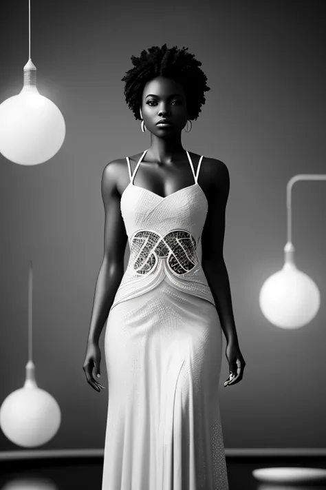 A captivating image of a black melanin woman, clad in an intricately designed African dress, stands in an empty, tranquilizing expanse of water. Surrounded by the stillness of the night, the scene is illuminated by a solitary white neon ball, suspended in ...