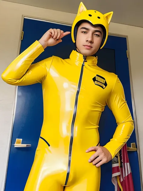 A high school Boy wearing yellow latex catsuit 