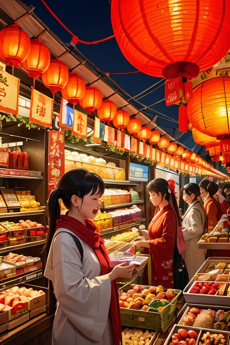 New Year goods stalls, busy shoppers, lively market, abundant New Year goods, red lanterns, traditional elements, festive atmosphere, fireworks, colorful balloons, laughter and joy