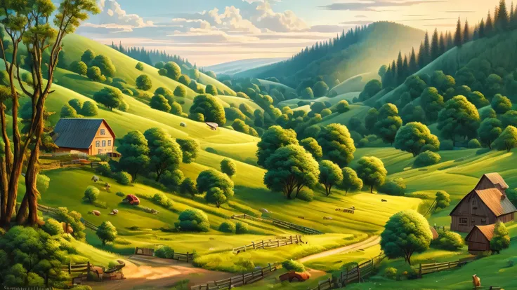 川と家畜のあるrural sceneryを描いた絵, Country landscape, Lovely Valley, lush valley, landscape artwork, by Franz Hegi, detailed landscape, More on landscape art, Written by Alexander Kucharsky, lush rural area, rural scenery, beautiful scenery, Andrey Ryabovichev, fa...