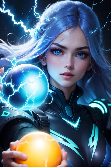 ((best quality)), ((masterpiece)), (detailed), perfect face, Neon mage of light holding a blue ball of blue lightning, 