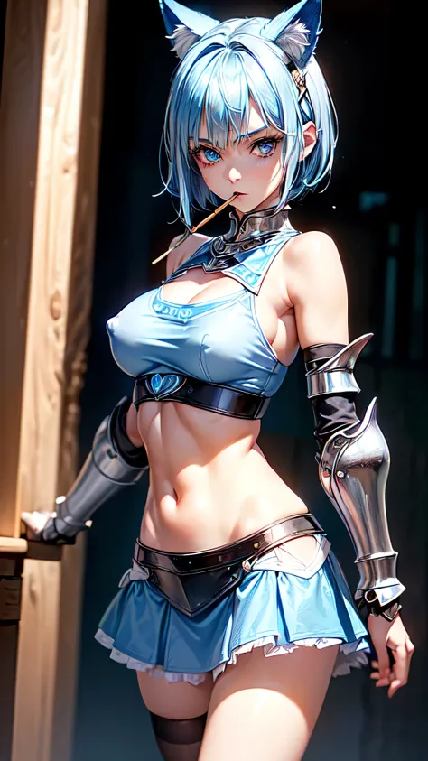 (intrincate details: "(a character in an realistic human style, woman has big blue eyes and blue hair, solo 1girl 18 years old, blue hair, cute, symmetrical face, covered nipples, firm breasts, ((slim build)), young woman, beak of pocky cat ears, white ver...