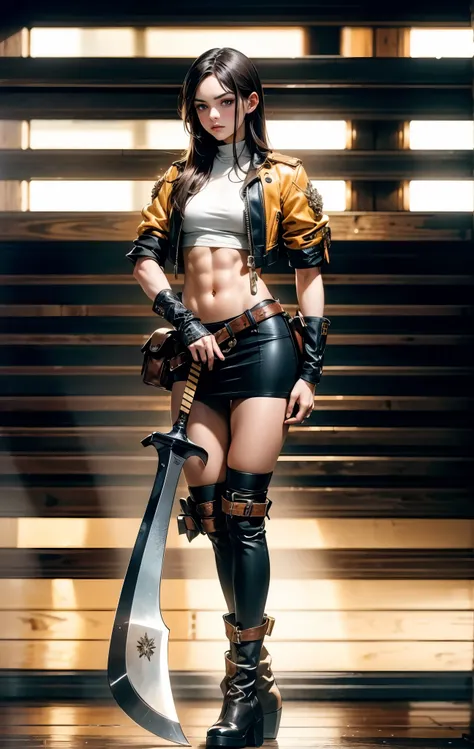 A woman with long brown hair, a determined expression on her exquisite face, a tall and muscular physique, a cropped top that exposes her waist, a yellow leather jacket with rolled-up sleeves, sturdy wooden forearm guards, two ribbons are elegantly tied ar...