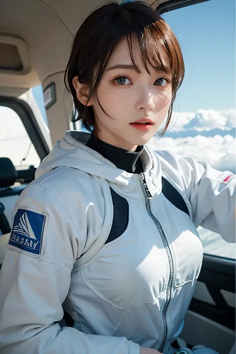 highest quality、masterpiece、ultra high resolution、(real:1.4)、Beautiful woman１、Beautiful details of eyes and skin、light brown short cut hair、The perfect spacesuit、Cold、spaceship、snow原、cloudy sky、snow、