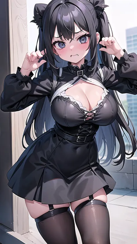 1 girl, game CG,((cute goth loli)),big breasts,((White and black goth  clothes、cleavage)), black hair, long hair, straight hair,  black eye, ((embarrassed face)),((Pose embarrassingly)),