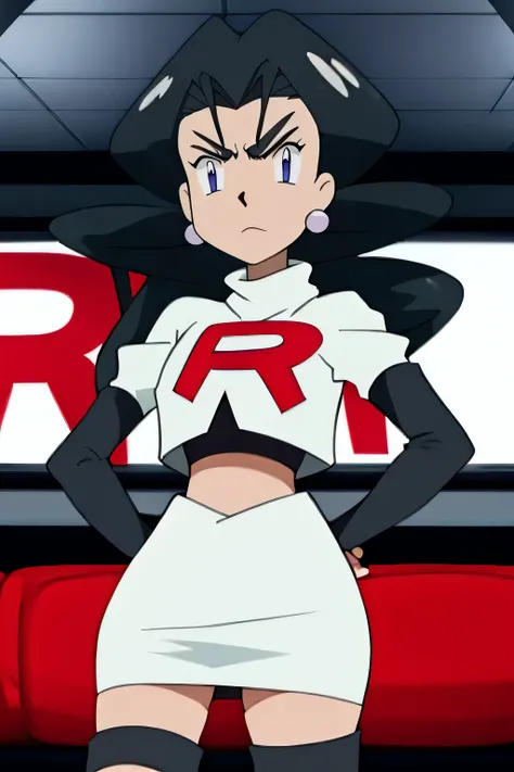 team rocket uniform, red letter r, white skirt, white crop top, black thigh-high boots, black elbow gloves, glaring angrily, looking at viewer, hands on hips, full body seen, zettai ryouiki