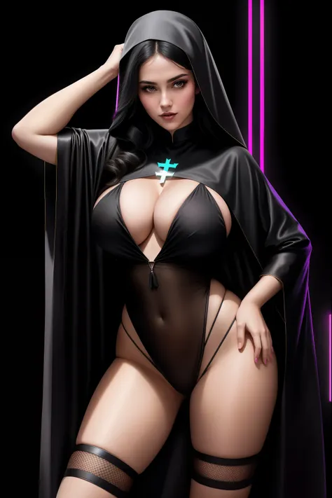 there is a nun standing, covered hair, wearing a robe, 3 d neon art of a womans body, neon-noir background, cyberpunk femme fatale, seductive cyberpunk dark fantasy, cyberpunk strip clubs, cyberpunk 20 y. o model girl, oppai cyberpunk, banner, high definit...