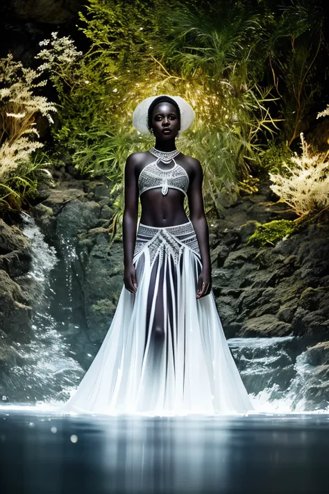 A captivating image of a black melanin woman stands proudly in an empty watery expanse, surrounded by an enchanting and mysterious atmosphere. Dressed in an intricately designed African attire that accentuates her beauty and elegance, she commands the scen...