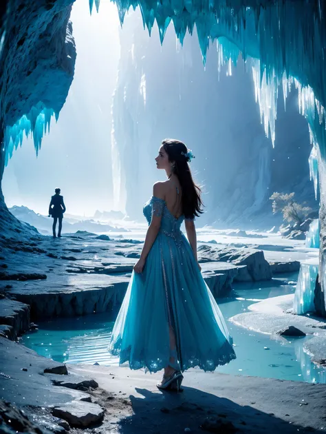  (masterpiece), (best quality), extremely delicate and beautiful, illustration, (fantasy landscape), A mesmerizing fantasy landscape with enchanting elements blending seamlessly. (A gorgeous European woman, age 23, walking in a Majestic crystal and ice cav...