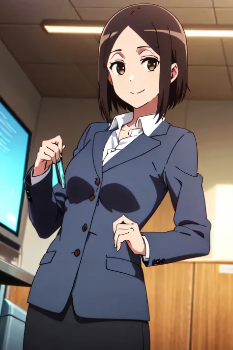 1girl, solo, upper body, facing viewer, (looking at viewer:1.5), in the center, smile, SATOMI TACHIBANA, SHORT HAIR, BLACK HAIR, (BROWN EYES:1.5), SKIRT, SHIRT, JACKET, black suit, FORMAL, SUIT, OFFICE LADY, SKIRT SUIT, black skirt