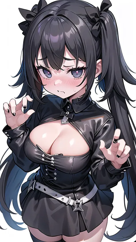 1 girl, game CG,((cute goth loli)),big breasts,((White and black goth  clothes、cleavage)), black hair, long hair, straight hair,  black eye, ((embarrassed face)),((Pose embarrassingly)),((white background))