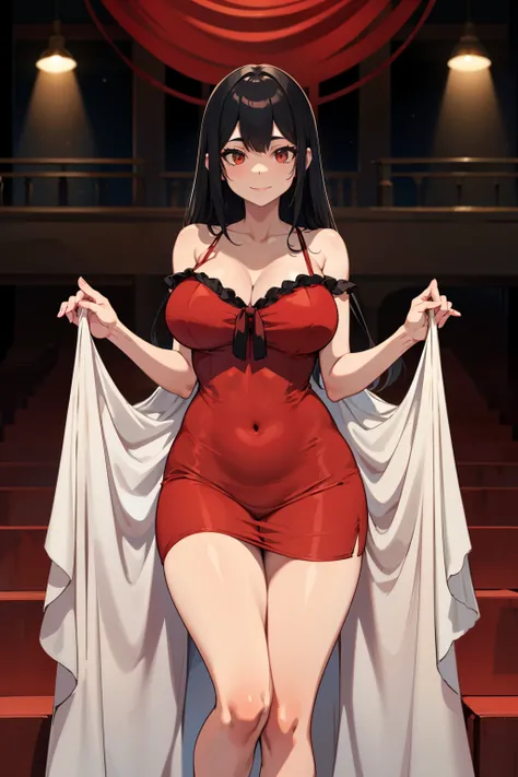 Look at the audience with a smile，Big breasts，Slim，long legs，Bright light,Frontal lighting，((Messy red silk nightdress)),beautiful girl,Hands behind you，Shy posture，Exquisite facial features，A plump chest,((long black hair))，露出long legs