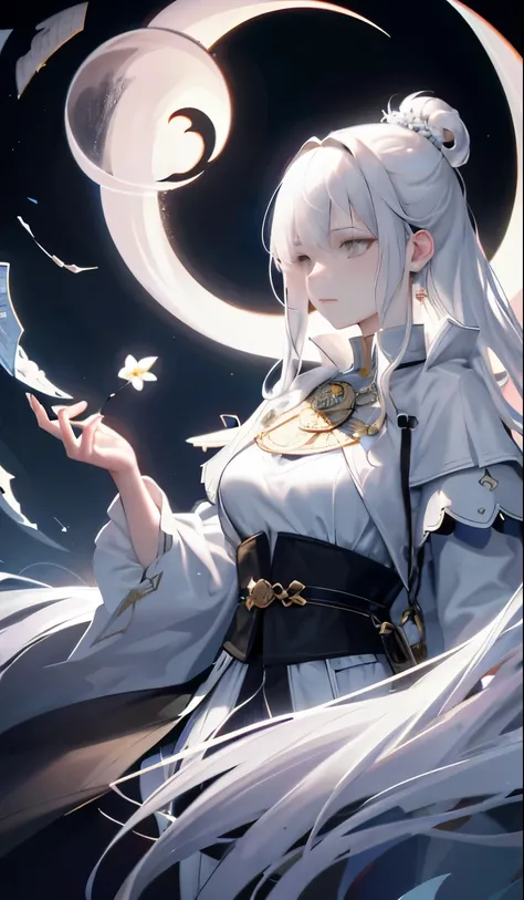 Highest, night, Crescent Moon, 1 female, mature woman, sister, royal sister, cold face, Expressionless, Woman with long silvery-white hair, pale pink lips, Calm, intellectual, Gray Hitomi, fortune teller, tarot cards, Flower ball background, Street view