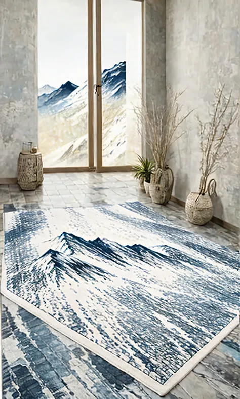 there is a rug with a picture of a mountain in the background, carved marble texture silk cloth, inspired by Emperor Huizong of Song, abstract scene design, inspired by Liu Haisu, 8 k hd detailed oil painting, trending artistic art, extreme quality masterp...