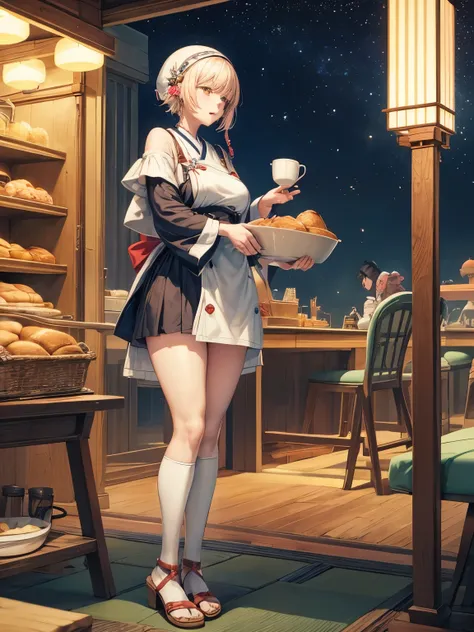 Heath Robinson, Eric White, Mysterious, strange, surreal, bizarre, fantasy, Sci-fi, Japanese anime, baking bread by starlight, late night bakery, miniskirt beautiful girl baker, perfect voluminous body, detailed masterpiece 