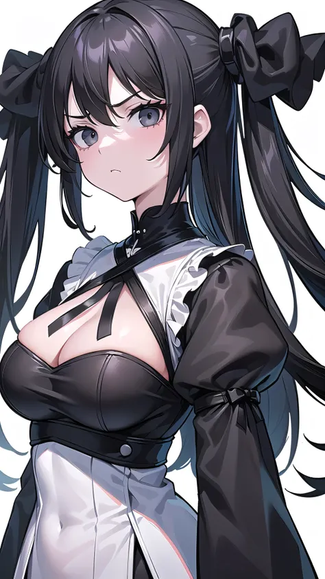 1 girl, game CG,((Close-up of only the upper body from the entire head)),big breasts,((White and black goth  clothes)), black hair, long hair, straight hair,  black eye, ((straight face、Expressionless)),((stand upright and face forward)),((white background...