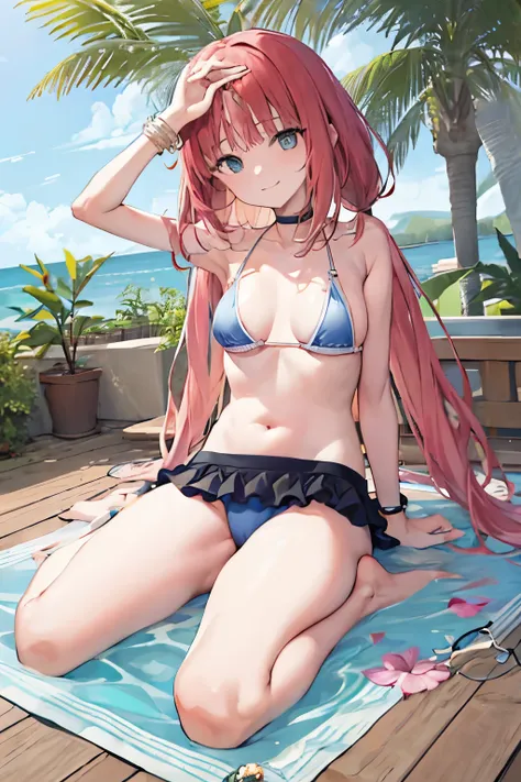 (Realistic painting style:0.9), chef-d&#39;artwork, best quality,  absurdes, Nilou (GenshinImpact), 1fille, Maillot de bain, bikini, fleur, seins, Bracelet de cheville, hair fleur, bijoux, Cheveux longs, ornement de cheveux, nombril, Pieds nus, tube intern...