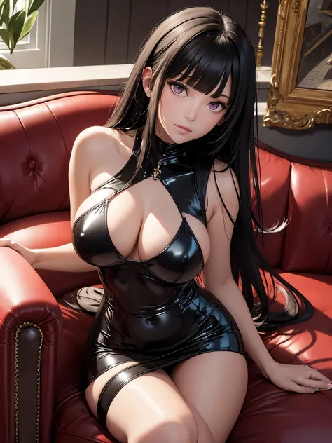 (masterpiece:1.5), (bestquality), (4K resolution), (ultra-detailed), (1girl:1.2), ((solo girl)), ((22 year woman)), ((black long hair)), ((hime cut)), ((blunt bangs)), ((pink eyes)), ((sexy curvy hourglass figure)), ((sexy large D cup breasts)), ((wearing ...