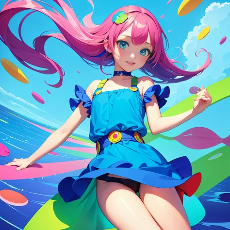 (ultra detailed,ultra high res,detailed background),((2D)),((flat color)),((colorful)),((floating colorful water)),1girl,solo,looking at viewer,BREAK