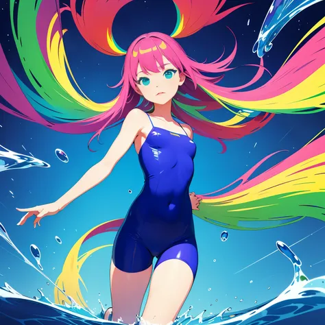 (ultra detailed,ultra high res,detailed background),((2D)),((flat color)),((colorful)),((floating colorful water)),1girl,solo,looking at viewer,BREAK