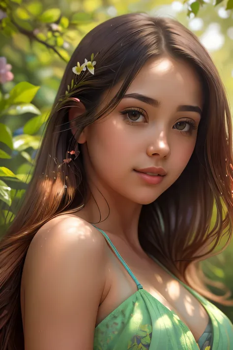 A young girl is depicted in an enchanting oil painting set in a tranquil garden. Her beautiful, extremely detailed eyes are adorned with long, luscious lashes, while her lips are painted in soft and vibrant hues. The intricate details of her face are rende...