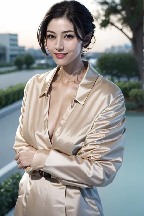 best quality, masterpiece, ultra high resolution, (lifelike:1.4), original photo, 1 girl,black hair, formal updo,shiny skin, dramatic lighting,(Smile:1.2)