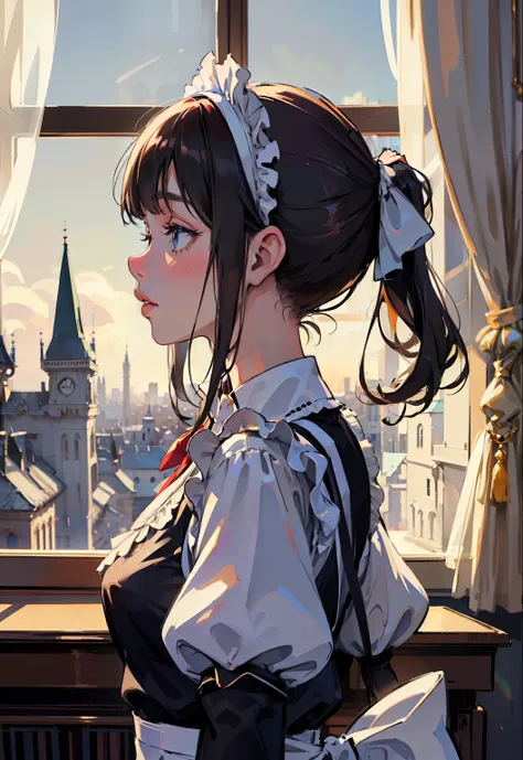 an anime girl in a maid costume window she opens the curtains, castle, renaissance, in the style of retro-pop, soft-focus portraits, anime aesthetic 8k, Tilt-shift lens, Profile Gaze, uhd