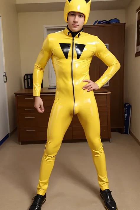 A high school boy wearing a yellow latex catsuit With his cock sticking out 