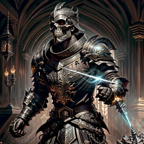 Cavaleiro esqueleto, skull on display, sem capacete, ultra realista, usando armadura de placas brilhante preto andando em uma vila em chamas, He uses a sword in one hand and a shield in the other, (intrincado: 1.4) (obra-prima: 1.4) (illustration: 1.4), re...