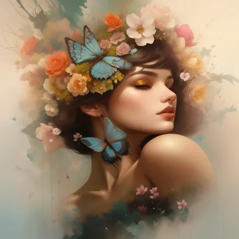 peinture d&#39;une femme avec des fleurs et des papillons dans les cheveux, Ryan Hewett, artgerm et james jean, Beautiful work of&#39;Digital art, quel os. ultra realistic, James Jean et Wlop, Loish et Ross Tran, Anna DittmannAlberto Vargas, Ross Tran 8K, ...