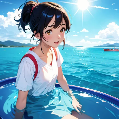 (ultra detailed,ultra high res,detailed background),((2D)),((flat color)),((colorful)),((floating colorful water)),1girl,solo,looking at viewer,BREAK,kimi no nawa, mitsuha