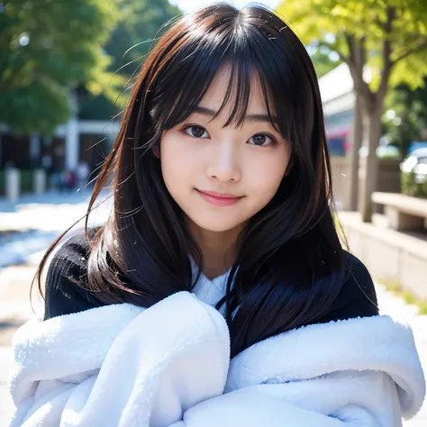 Best-quality, Masterpiece, Ultra-High-Resolution, (Photorealistic:1.4), Raw-Photo, 1girl, 15-years-old, the most famous Japanese idol, face-focus, looking at viewer, innocent-smile, wearing only winter-clothes with cute-design, extremely cute face like the...