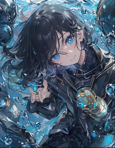 ((Highest quality)), ((Masterpiece)), ((very detailed)), (Very delicate and beautiful),boy, single, Cold attitude,((black jacket)),(relax)with(Settled in)countenance,has dark black hair, depth of field,An evil smile.,bubble, Underwater, bubbleอากาศ,bright ...