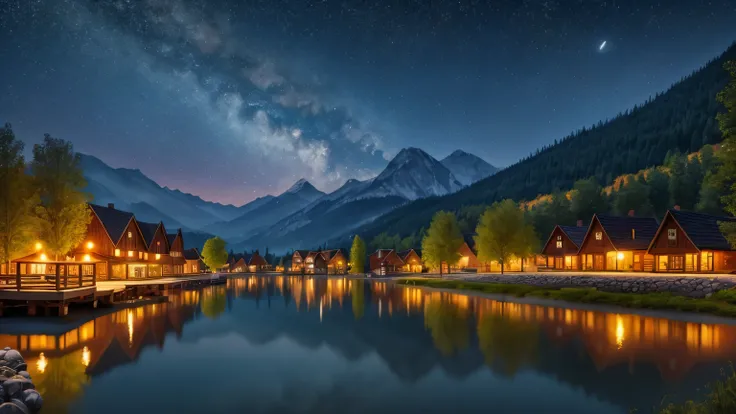 Little (Town) Village built on a small lake surrounded by mountains, (time night) sky, warm colors, vibrant  lighting, realistic, in the style of CAMILLE PISSARRO  