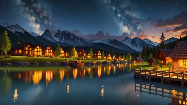 Little (Town) Village built on a small lake surrounded by mountains, (time night) sky, warm colors, vibrant  lighting, realistic, in the style of CAMILLE PISSARRO  