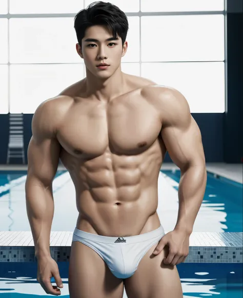 1boy, solo, (masterpiece, ultra quality, high resolution, 8k, intricate: 1.2), (detailed face:1.2), handsome, Young Korean man ,white skin, double eyelids , detailed skin, 1boy, ((realistic)), male focus, ((realistic)), ((pale skin)), volleyball, bulge, sh...