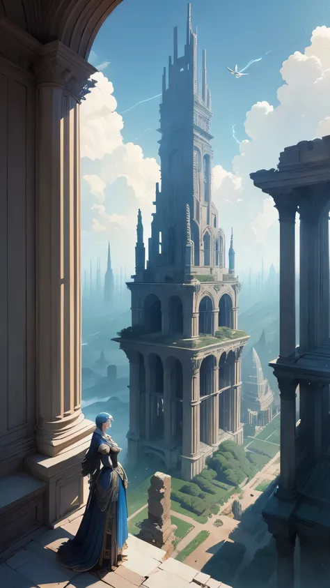 François Schuiten, lebbeus woods, Mysterious, strange, surreal, bizarre, fantasy, Sci-fi, Japanese anime, Roman ruins, statue made of various types of three-dimensional assemblages, blue sky and thunderclouds, detailed masterpiece bird’s eye view wide angl...