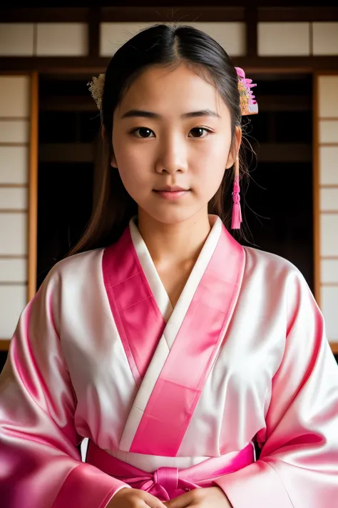 Instagram photo, close up, portrait photo of 12 y.o japanese girl, pink kimono, (((slim))), inside japanese castle, 8k uhd, high quality, film grain, Fujifilm XT3