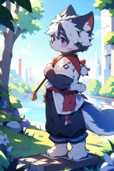 the only person，hairy male，hairy body，exhibit，Coyotes，canine，gray fur，long white hair，The ends of the hair are purple，purple eyes，being bullied，charming，big tail，gay，standing by the river，undying，god，horny boy，Shota