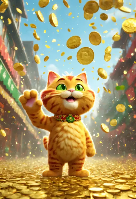 garfield，big furry head，hairy body，sharp claws，green，color。there are many gold coins in the air，red and gold confetti flying in ...