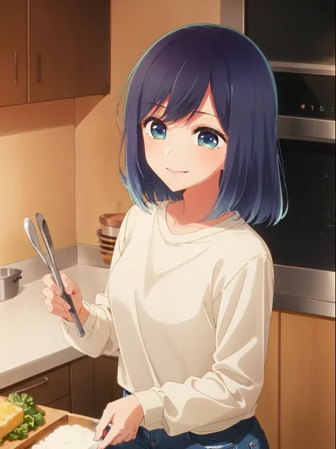 masterpiece, highest quality, 8K, ultra high resolution, highest quality, anime style, best writing, beautiful face, beautiful lighting, 1 girl, alone, Akane, (Long-sleeved shirt:1.3), (jeans:1.3), (cooking:1.3), kitchen, smile