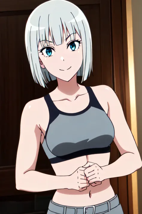 GINA BOYD, SHORT HAIR, BANGS, BLUE EYES, WHITE HAIR, BLUNT BANGS, BOB CUT, 1girl, solo, upper body, facing viewer, (looking at viewer:1.5), in the center, smile, NAVEL, SHORTS, MIDRIFF, BELT, SPORTS BRA, GREY SHORTS, BARE SHOULDERS, COLLARBONE, in the gym,...