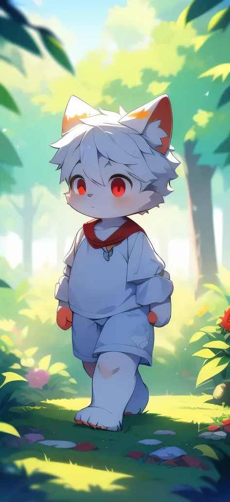 Master masterpieces, high resolution, 8k, Detailed background, high quality,Little Shota with white hair and bare feet is walking in the garden，(light blue fun fur， red eyes， white hair），charming