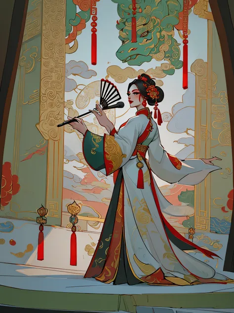 (best quality, masterpiece:1.2), highres, illustration, a woman singing opera on the stage, vibrant red colors, Beijing opera style, detailed facial makeup, exquisite costume, grandeur, traditional Chinese aesthetics, closed lips, facial makeup