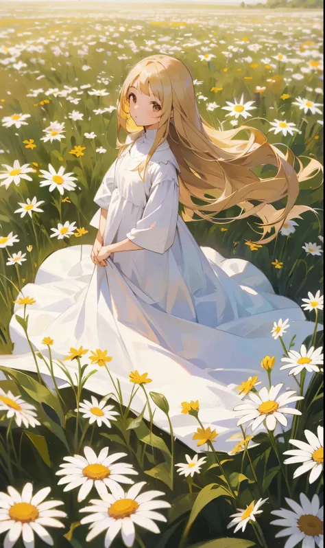 1girl,in a field of flowers, purple flower , looking at viewer, brown eyes, blonde hair, daisy, long hair, pure white dress,