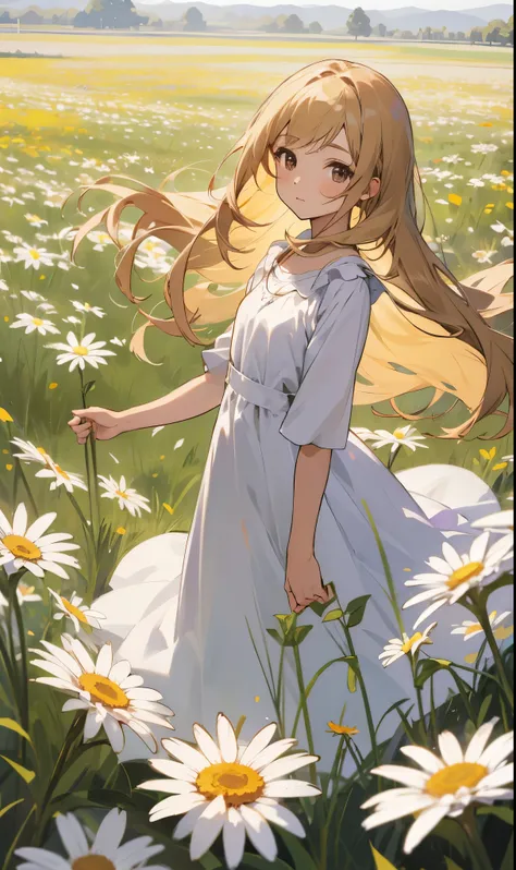 1girl,in a field of flowers, purple flower , looking at viewer, brown eyes, blonde hair, daisy, long hair, pure white dress,