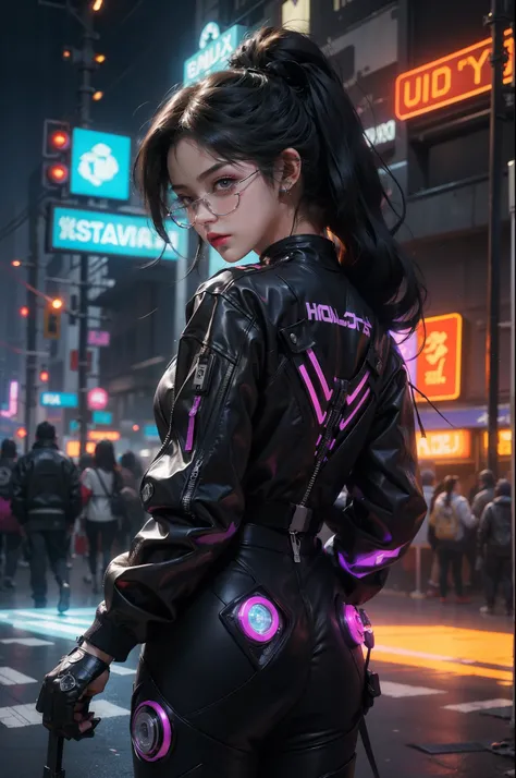 1 girl ,tmasterpiece, Best quality at best, ultra - detailed, illustratio, Cyberpunk rebel hacker style: Future city quality: Sharp and dynamic, Depict a character: Tech-savvy roles are inspiring: Neon city lights reflect her cybernetically enhanced shadow...