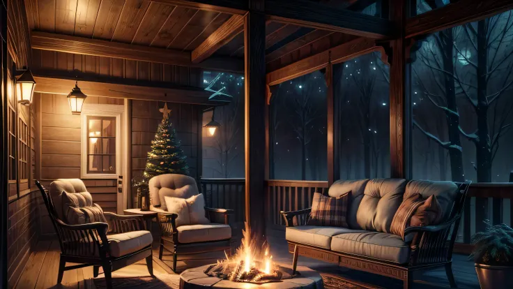 araffe covered porch with a fireplace and sofa chairs, cozy place, warm beautiful scene, cozy atmospheric, cozy environment, cozy setting, winter setting, cosy enchanted scene, very realistic, cozy atmosphere, cozy and peaceful atmosphere, cozy and calm, b...