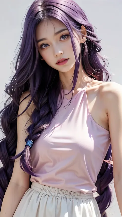 1 6 year old girl，purple hair big breasts、purple hair、long hair、thick braid、purple eyes，cute pink lips，wear a bright white shirt...